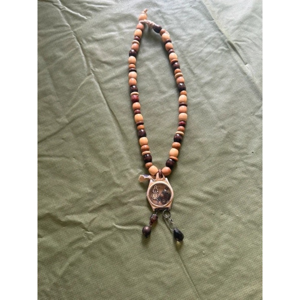 Steampunk Upcycled Wrangler Watch Case Pendant Wooden Bead Statement Necklace